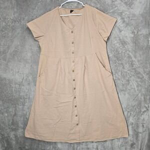 EMERY ROSE Women's 3XL Midi Dress Beige Cotton Button Front Short Sleeve